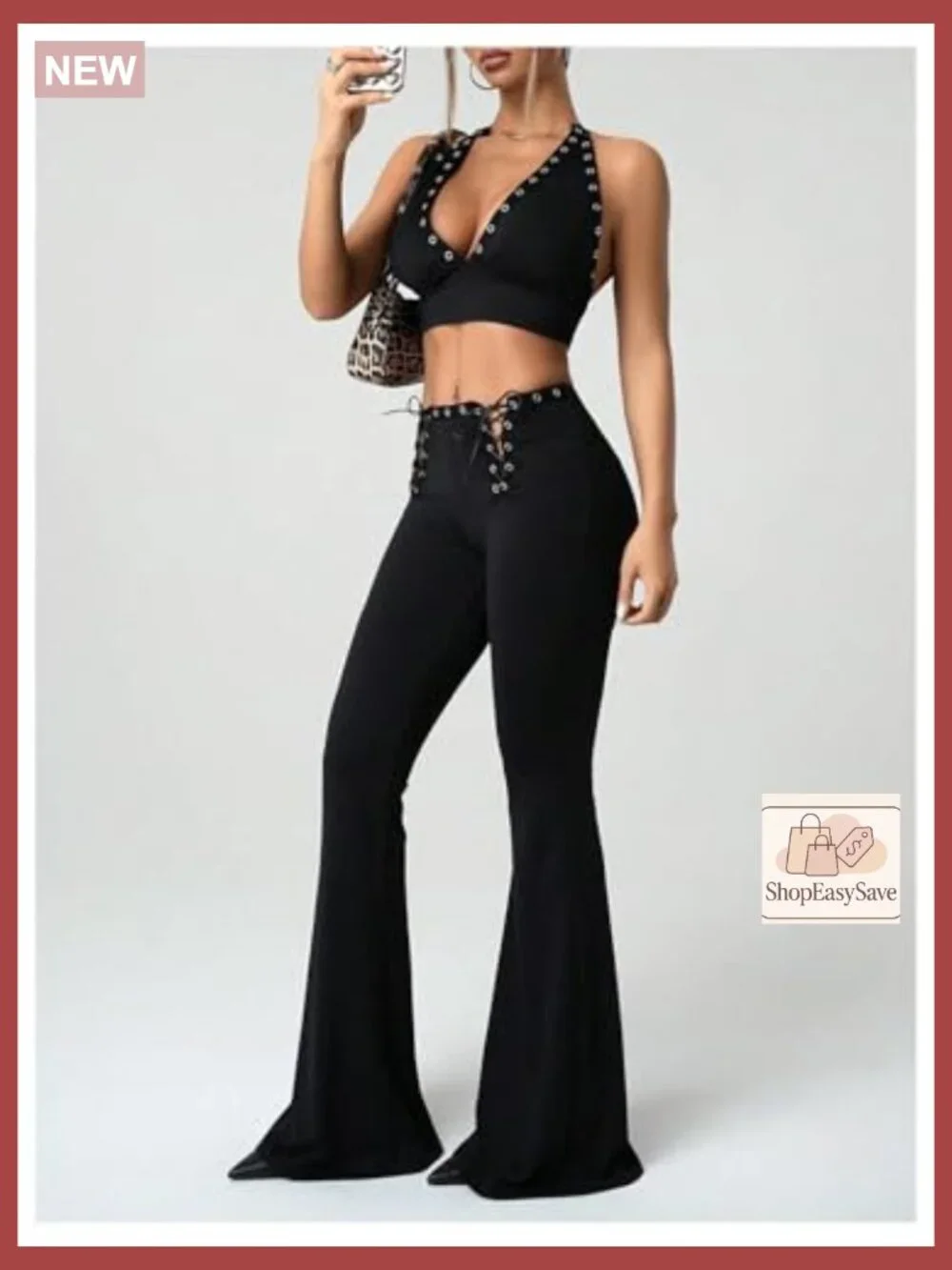 Women's 2 Piece Grunge Halter Top & Flared Leg Pants Y2K Matching Set - Picture 2 of 5